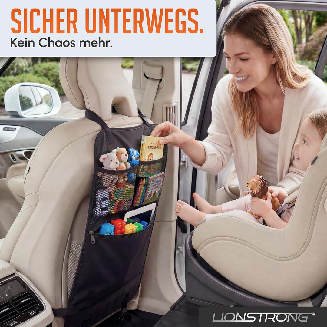 LIONSTRONG® Auto Organizer Kinder Rücksitz schwarz [WASSERDICHT] - Rückenlehnenschutz Auto Kinder un