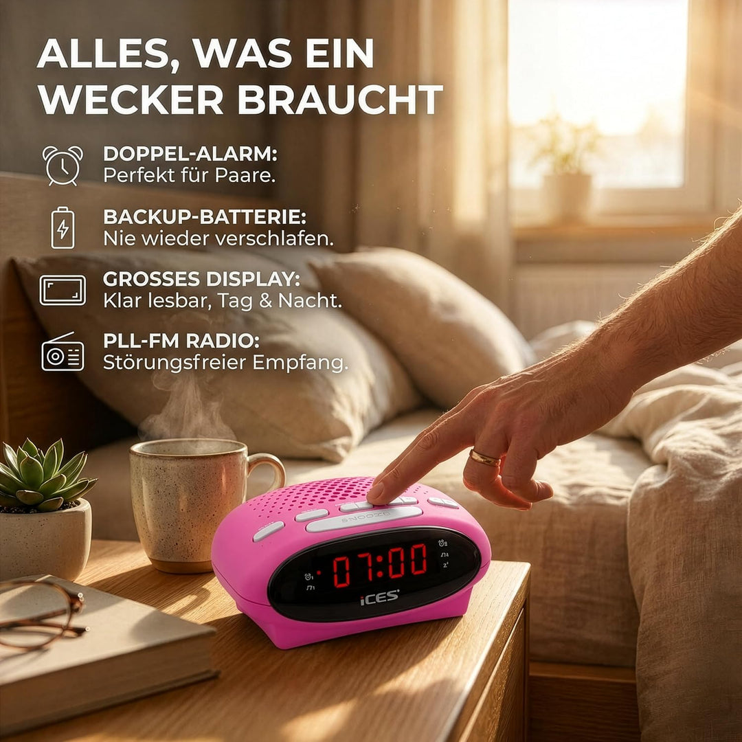 Ices ICR-210 Pink - FM Uhrenradio - Radiowecker mit 2 Weckzeiten - PLL FM - Schlummerfunktion - Slee