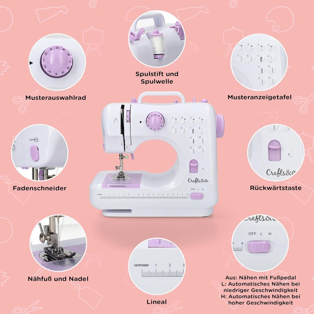 Crafts&Co® Nähmaschine für Anfänger mit Eingebautem LED-Licht und Fusspedal | 12 Stiche | Mini Nähma