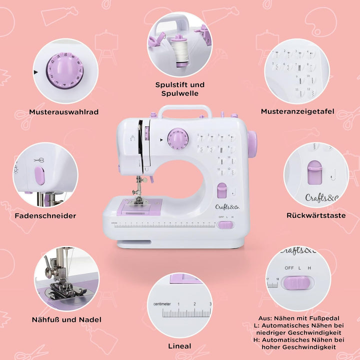 Crafts&Co® Nähmaschine für Anfänger mit Eingebautem LED-Licht und Fusspedal | 12 Stiche | Mini Nähma