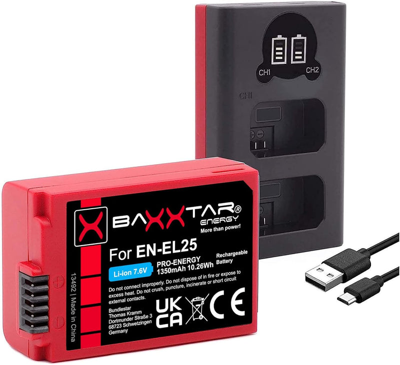 Baxxtar Pro EN-EL25 Kamera-Akku 1350mAh / mit aktivem NTC-Sensor/Ladegerät Mini LCD DUAL (Eingang US