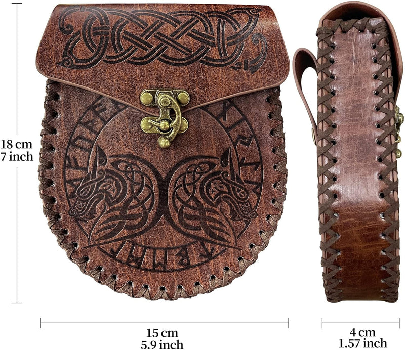 Mittelalterliche Gürteltasche, Braune Nordische Geprägte Gürteltasche, Drache Fenrir Wolf Ledergürte