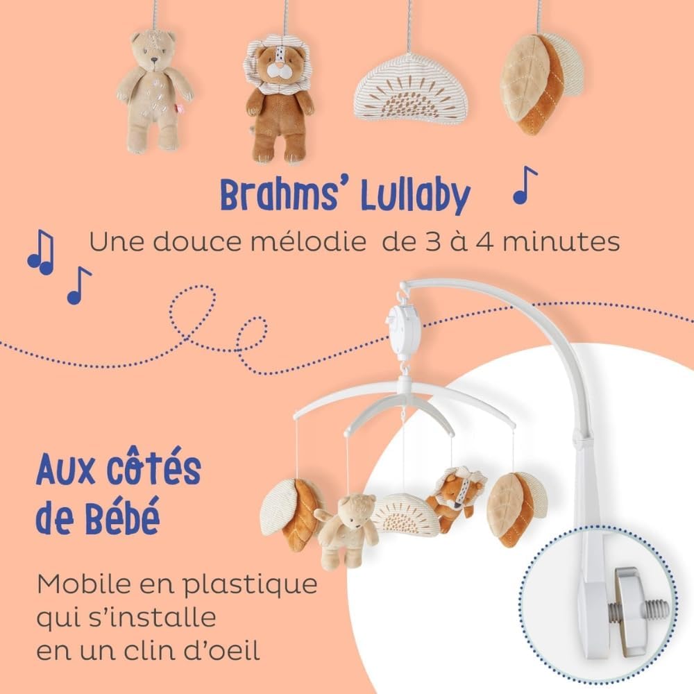 Noukie's - Mobile mit Musik Holz Pastel Babou & Kendi - Mobile Wiege, Gitterbett, Laufstall - Lernsp