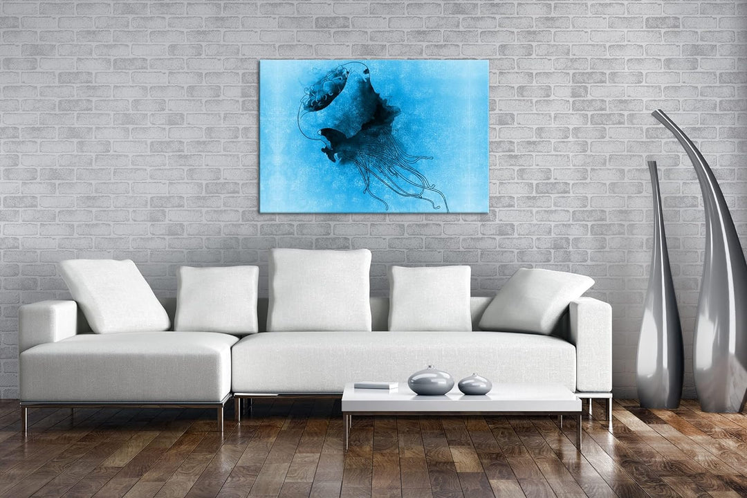 deyoli Zeichnung einer Qualle Format 80x60 Effekt: Monocrome Blau als Leinwandbild, Motiv fertig ger