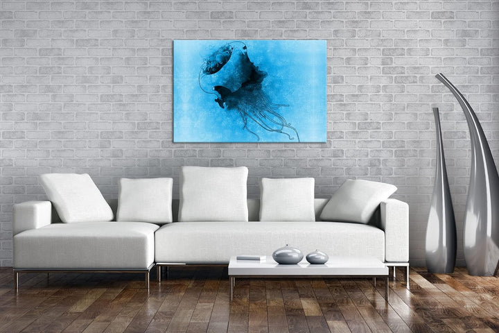 deyoli Zeichnung einer Qualle Format 80x60 Effekt: Monocrome Blau als Leinwandbild, Motiv fertig ger