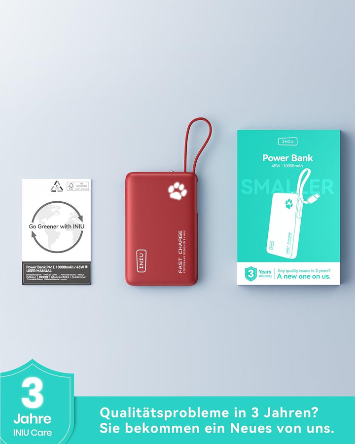INIU 45W Power Bank, Mini-Grösse 10000mAh PowerBank mit Integriertem USB-C Kabel, Schnellladen Exter