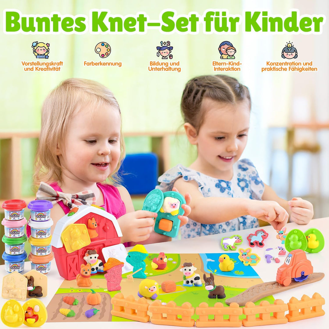 PLAY Bauernhof Knete Set für Kinder, DIY Nutztiere Knete Set mit Knetwerkzeug, Nutztierform, Farmkar