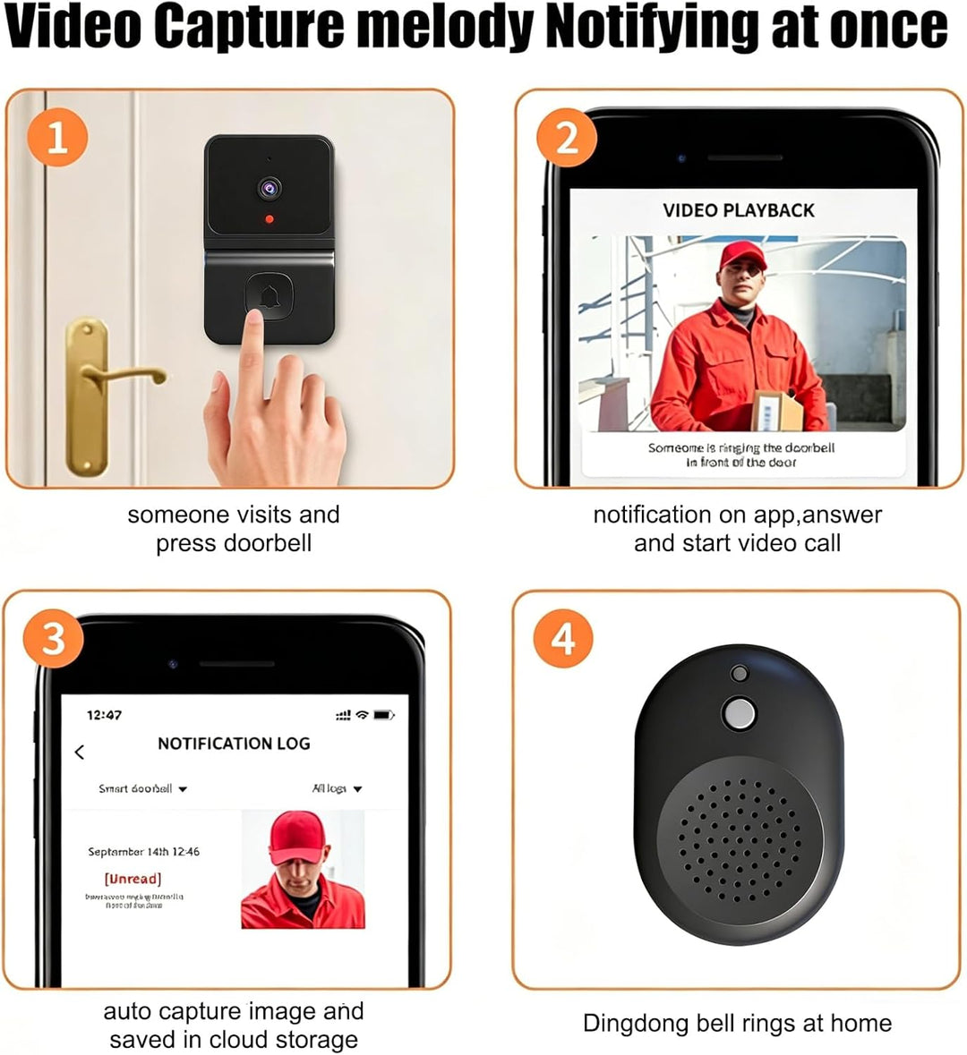 Video Türklingel mit Kamera,2.4GHz WLAN-Videotürklingel-Sicherheitskamera,Smarte Video Türklingel mi