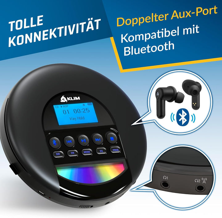 KLIM Nomad CD Player Bluetooth - Tragbarer CD-Player mit langlebigem Akku - Inklusive Kopfhörer - 16