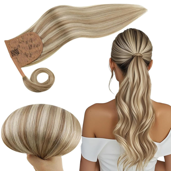 RUNATURE Zopf Echthaar Extensions Aschbraun mit Platinblond Zopf Echthaar Extensions Blond Clip in Z