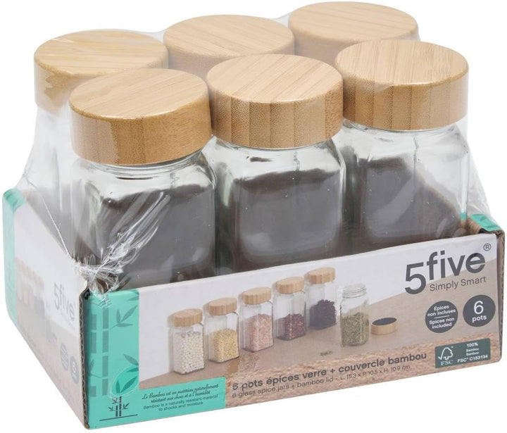 5Five – Set aus transparenten Glas- und Bambus-Gewürzdosen – Gewürzorganizer