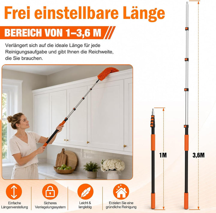 3,6M Staubwedel Teleskop Waschbar, Spinnwebenbesen mit Teleskopstiel, Fensterabzieher zum Reinigen v