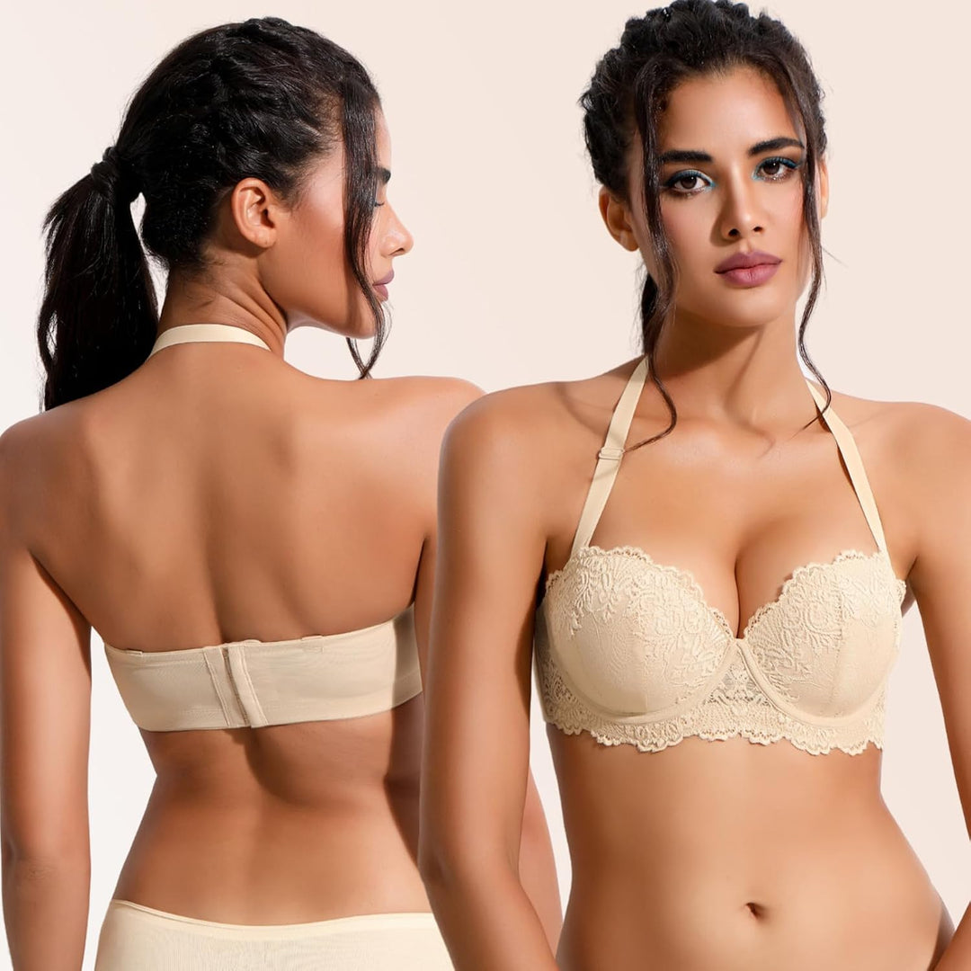 YANDW Trägerloser Stark Gepolsterter Push Up Spitzen BH mit Multiway Transparenten Trägern Trägerlos