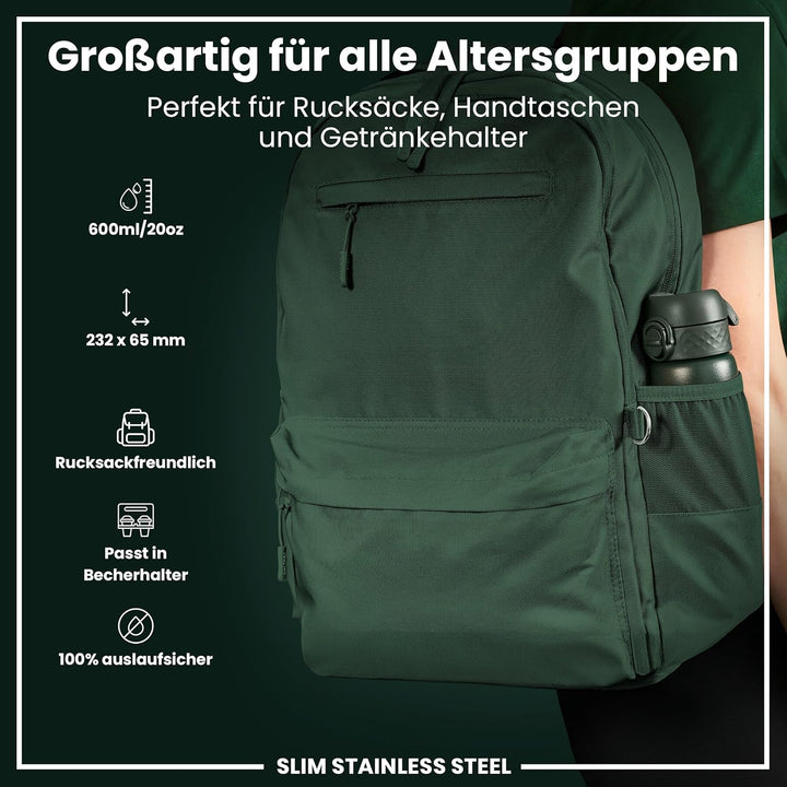 Ion8 Stahl-Trinkflasche, 600 ml, Auslaufsicher, Einhandöffnung, Sichere Verriegelung, Spülmaschinenf
