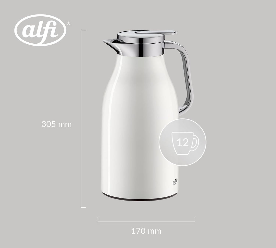 alfi SKYLINE 1,5l, coconut white mat, Edelstahl-Isolierkanne mit hygienischem Hartglaseinsatz, Drehv