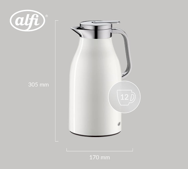 alfi SKYLINE 1,5l, coconut white mat, Edelstahl-Isolierkanne mit hygienischem Hartglaseinsatz, Drehv