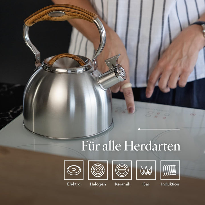 FLORINA JOE Wasserkessel (2,5 l) I Edelstahl Teekessel I Flötenkessel mit Soft-Touch Griff I Dekorat