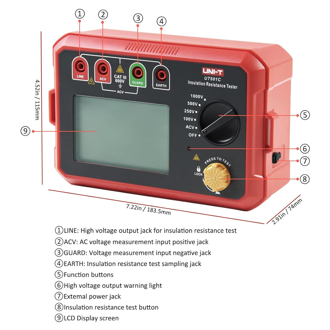 UNI-T UT501C Isolationswiderstandsmessgerät 1000V 5GΩ Isolierung Widerstand Tester, Digitale Megohmm