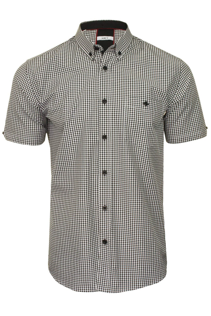 Xact Herren Kurzarmhemd mit Gingham-Karo, Button-Down-Kragen, Normale Passform M Black/ White, M Bla