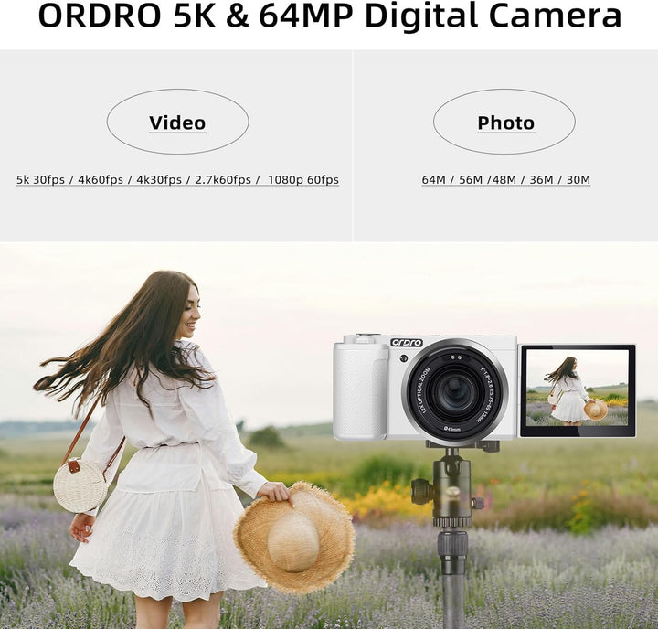 ORDRO G730 Spiegellose Kamera mit 5K-Videos, AF/MF, 12-facher optischer Zoom, 3.2" Vari-Winkel-Bilds