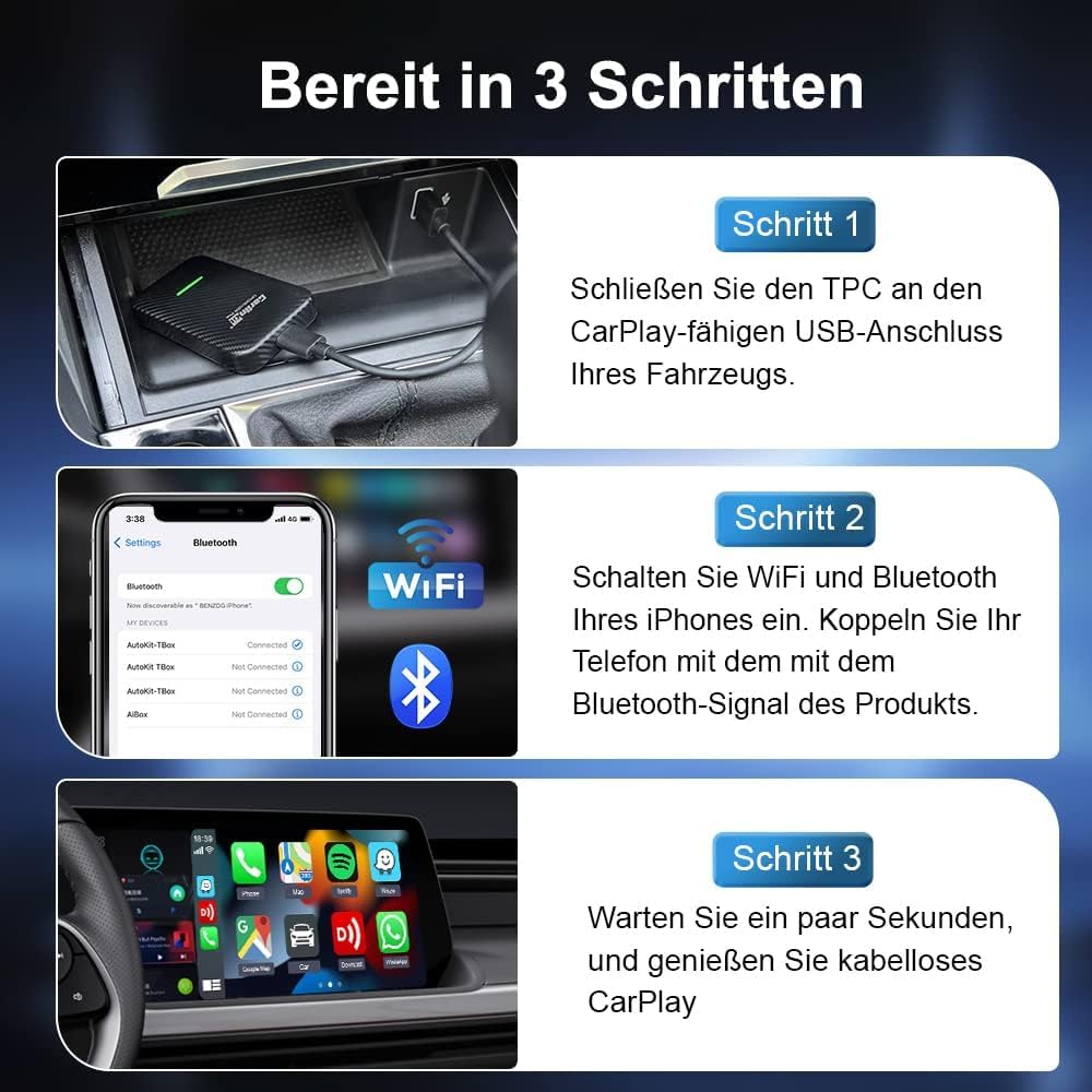 CarlinKit 3.0 Wireless CarPlay Adapter für werkseitig verkabelte CarPlay-Fahrzeuge, kompatibel mit A