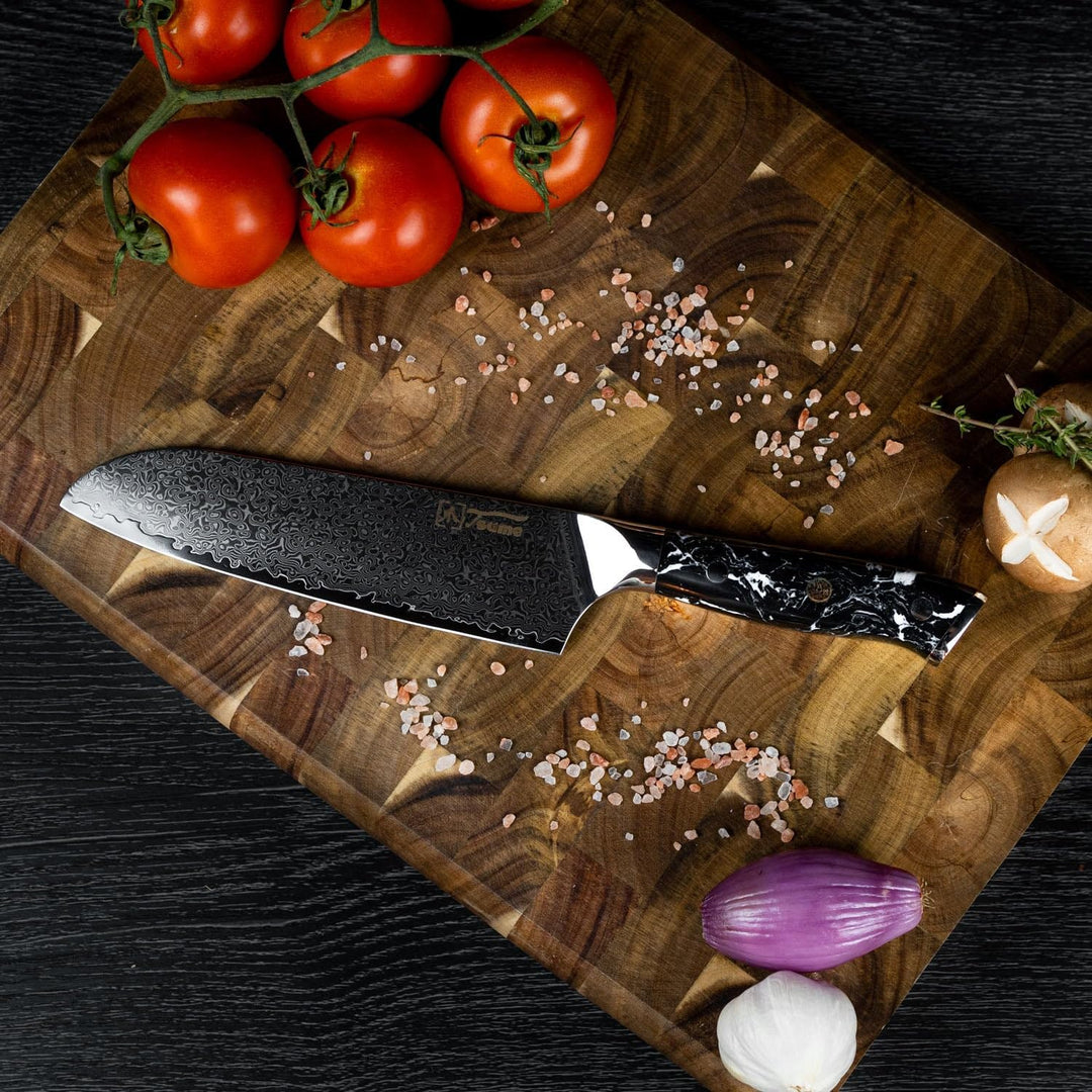 Tsume Santoku Messer Black Marble, Klingenlänge 22cm, Echtes Damast Küchenmesser, 67 Schichten VG10