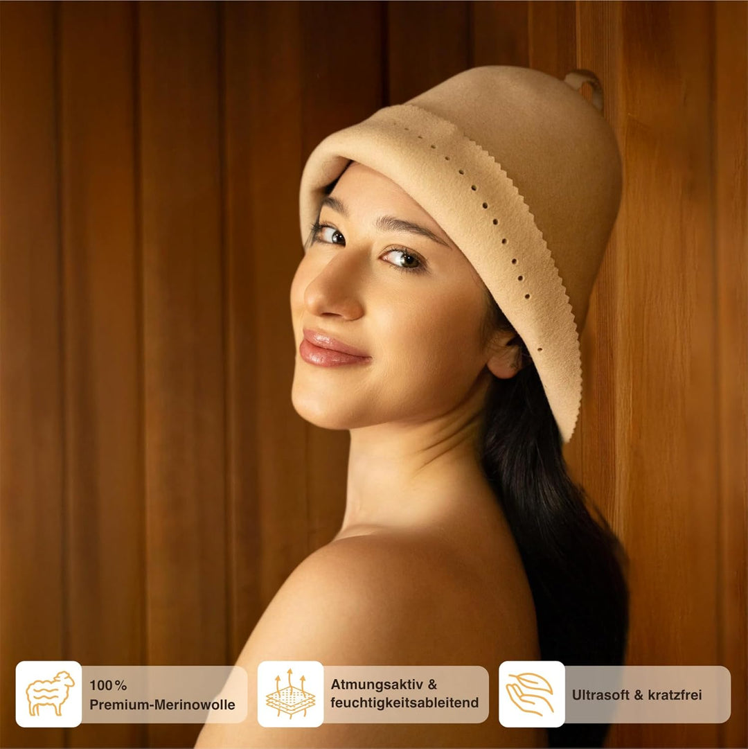 Saunamütze aus 100% Merinowolle – Nahtlos & formstabil – Schutz vor Überhitzung in der Sauna – 2 Grö