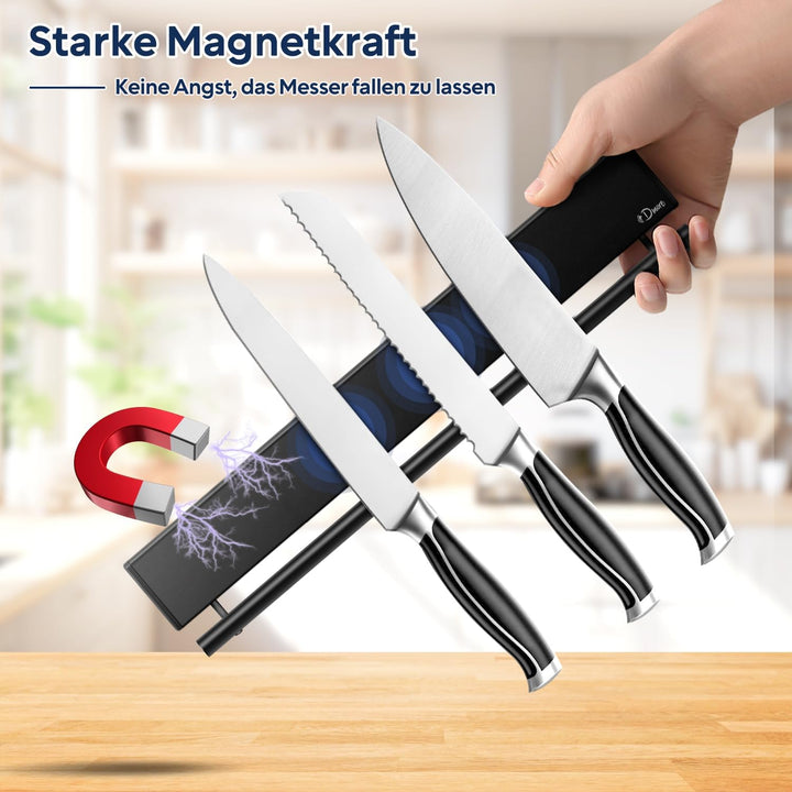 Dmore 30 cm Magnetleiste Messer mit 5 Haken, schwarzer Messerhalter magnetisch mit Hakenleiste, extr