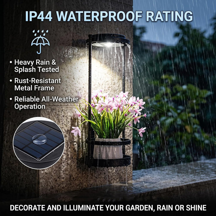 Solare Blumenständer mit LED Pflanzenlicht, IP44 Wassergeschütztes Metall Pflanzenständer Outdoor, 3