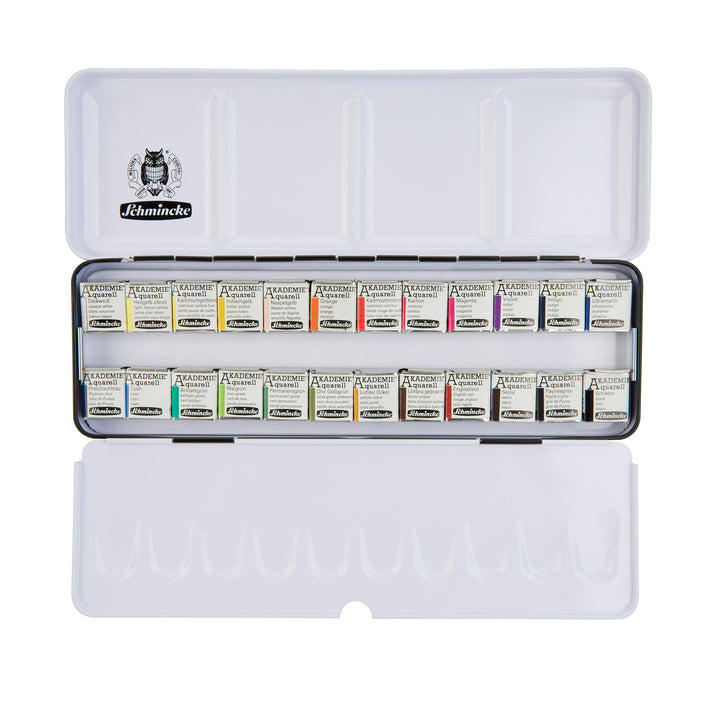 Schmincke – AKADEMIE Aquarell Farbkasten, Vollsortiment 24 x 1/2 Näpfchen, 75 424 097, Metallkasten,