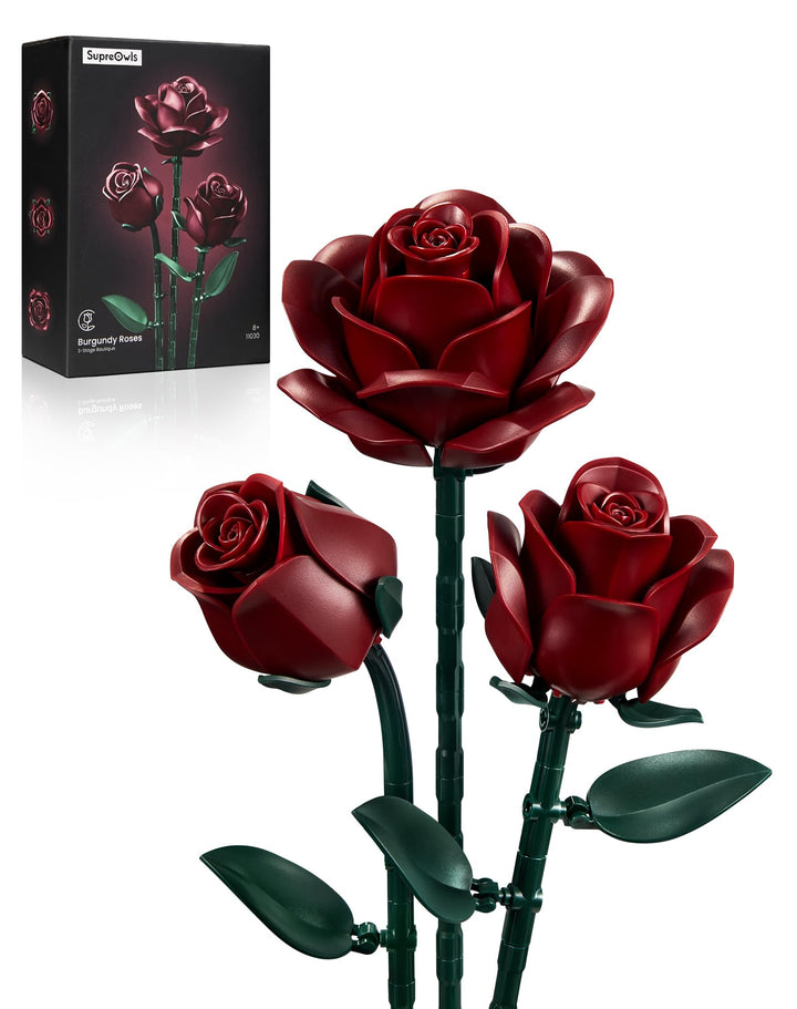 Millionspring Blumenstrauss-Bauset mit burgunderroten Rosen und 3 Kunstrosen – Geschenkidee für Sie