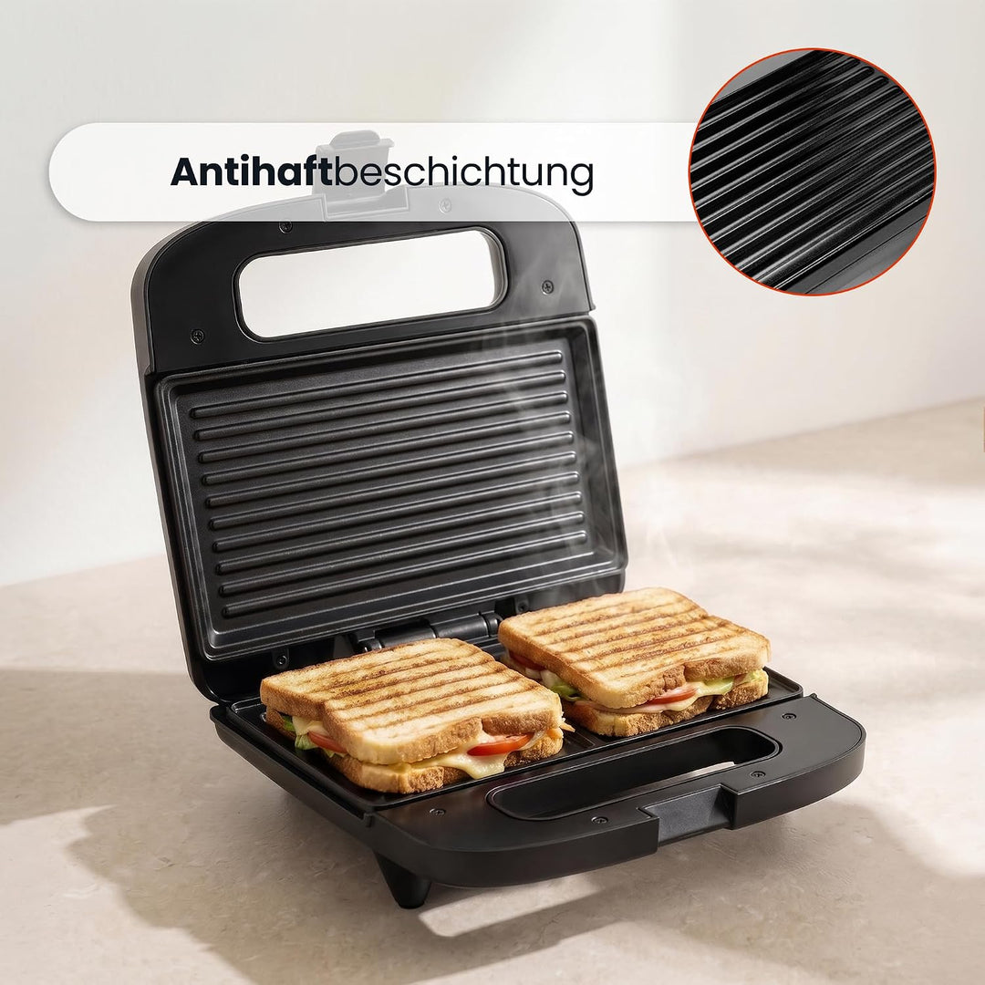 QuickBite Toaster, Sandwichmaker, Sandwich, Antihaftbeschichtung, 1000W, Panini, Schwarz Schwarz 24,