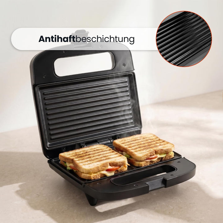 QuickBite Toaster, Sandwichmaker, Sandwich, Antihaftbeschichtung, 1000W, Panini, Schwarz Schwarz 24,