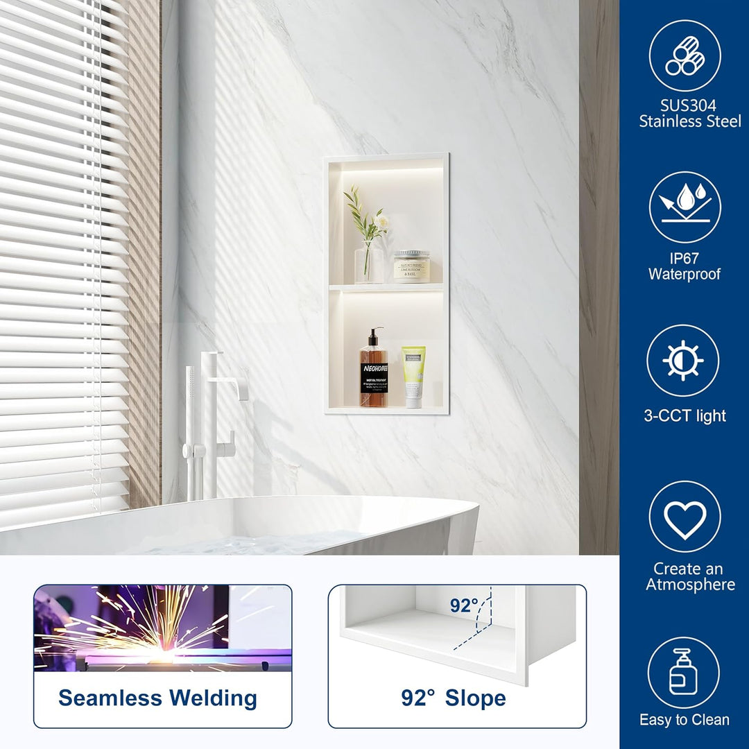 Wandnische Dusche Edelstahl mit LED-Beleuchtung, Doppel-Duschnische mit Regal Weiss Lagerung für Bad