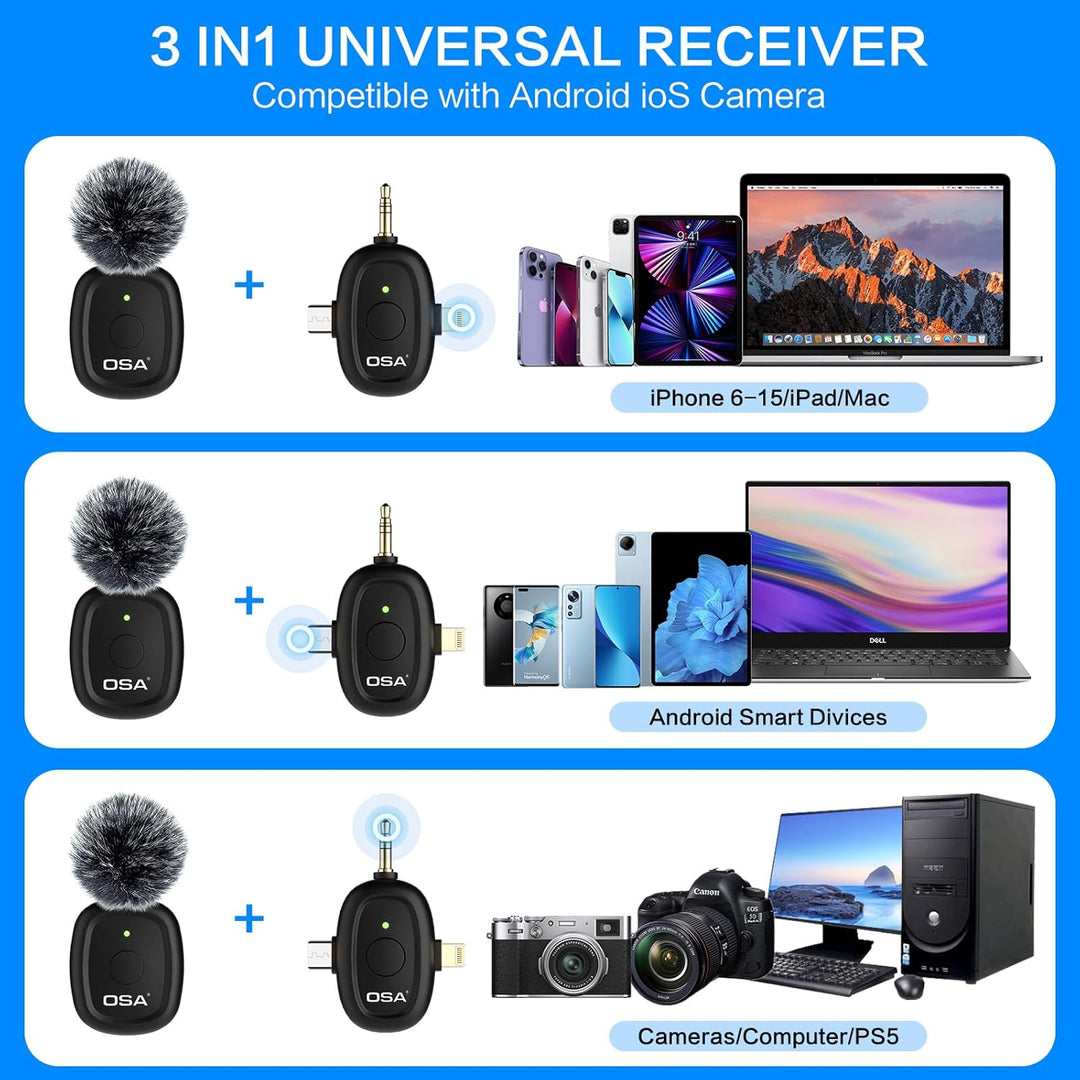 OSA 3 in 1 lavalier mikrofon für Kamera,IOS,Android,und Laptop, 2.4G Ultra Low Delay 8H Lange Arbeit