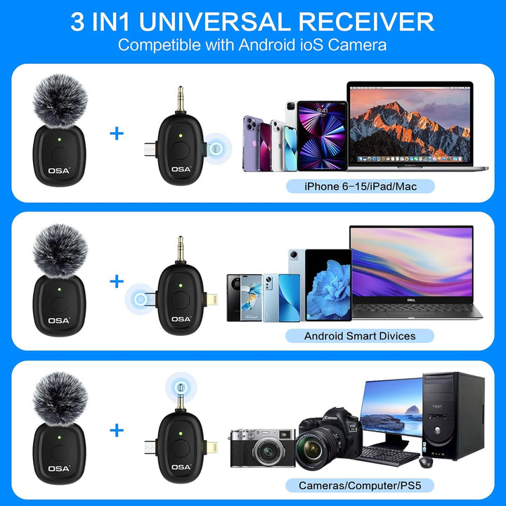 OSA 3 in 1 lavalier mikrofon für Kamera,IOS,Android,und Laptop, 2.4G Ultra Low Delay 8H Lange Arbeit