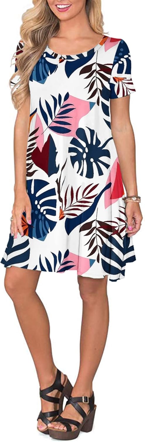 AUSELILY Damen Kleider Sommer Kurzarm Shirtkleider Kurz Sommerkleider Leicht Freizeitkleid mit Tasch