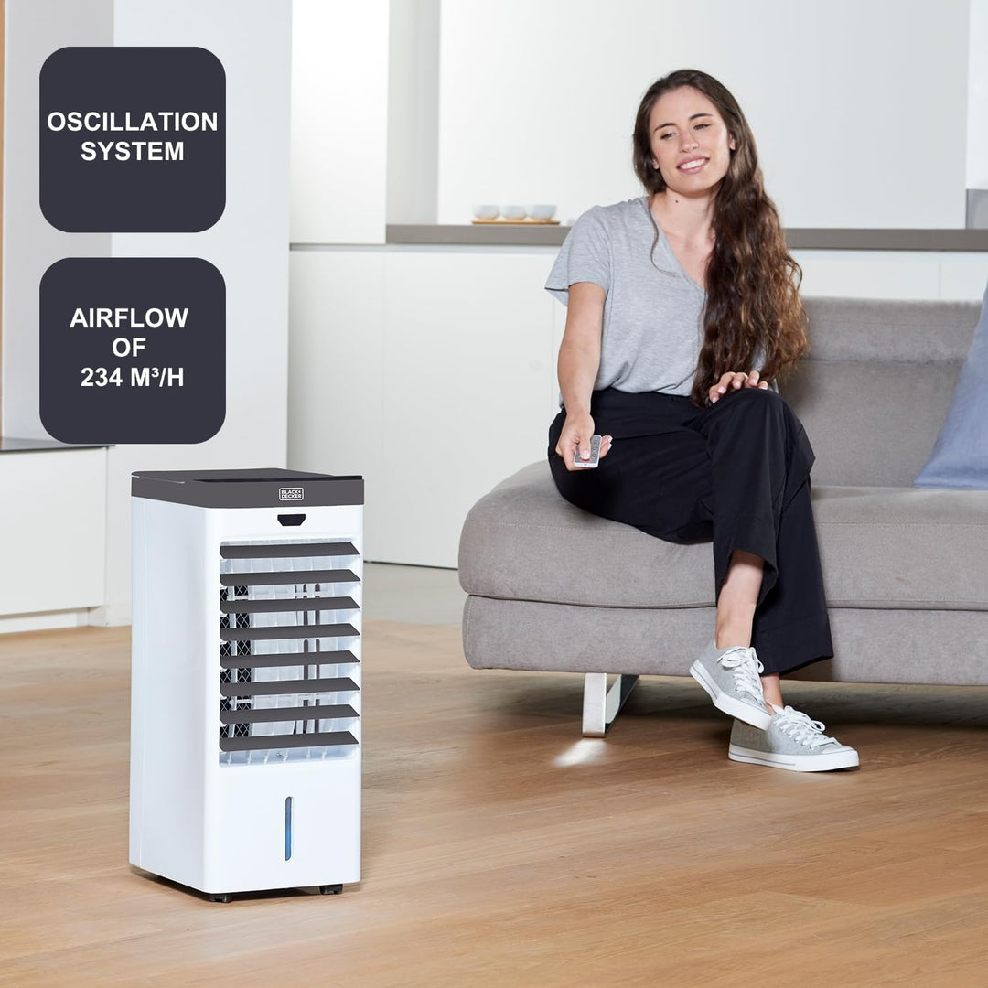 Black+Decker BXAC50E Verdunstungs-Klimagerät, Ventilator, Luftbefeuchter, 4 Eisbehälter, 5 l, 3 Gesc