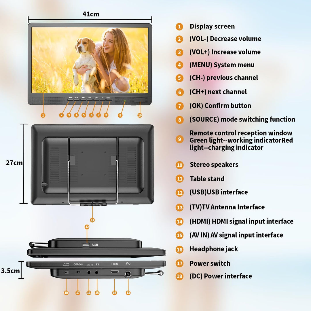 DESOBRY 18-Zoll tragbarer Fernseher mit Freeview, 6000mAh Akku Kleiner Fernseher mit Antenne, 12V Ca