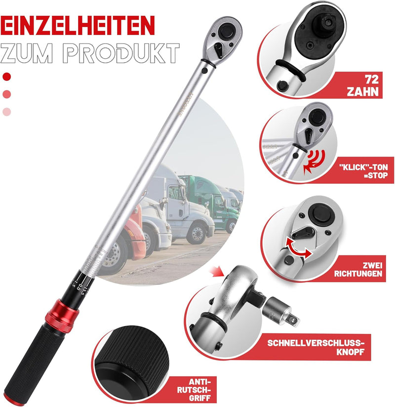 UYECOVE Drehmomentschlüssel 1/2 Zoll, 60-330 NM Drehmomentschlüssel Auto, ±3% Hohe Präzision, 72 Zä