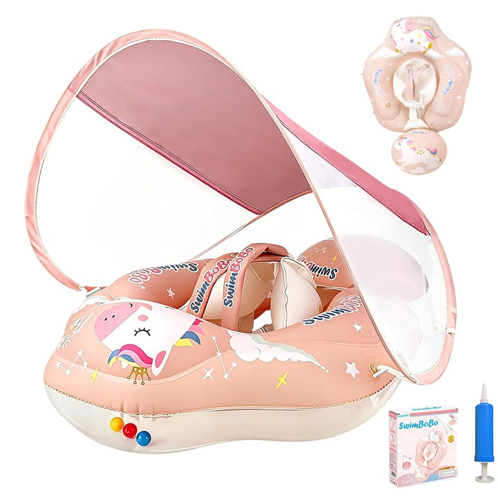 Baby Schwimmring mit Sonnendach Entfernbar, Baby Float, Rosa Baby Schwimmhilfe mit Schwimmsitz, Aufb