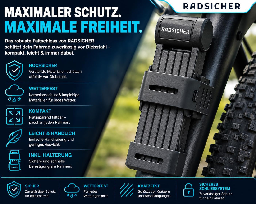 RADSICHER Faltschloss – Robustes Fahrradschloss (90 cm) | Sicherheitslevel 12 | Gehärteter Stahl, We