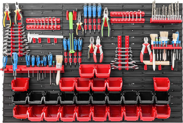 Lagersystem Werkstattregal | 117 x 78 cm | 28 stck. Box | Wandregal mit Werkzeughalterungen und Stap