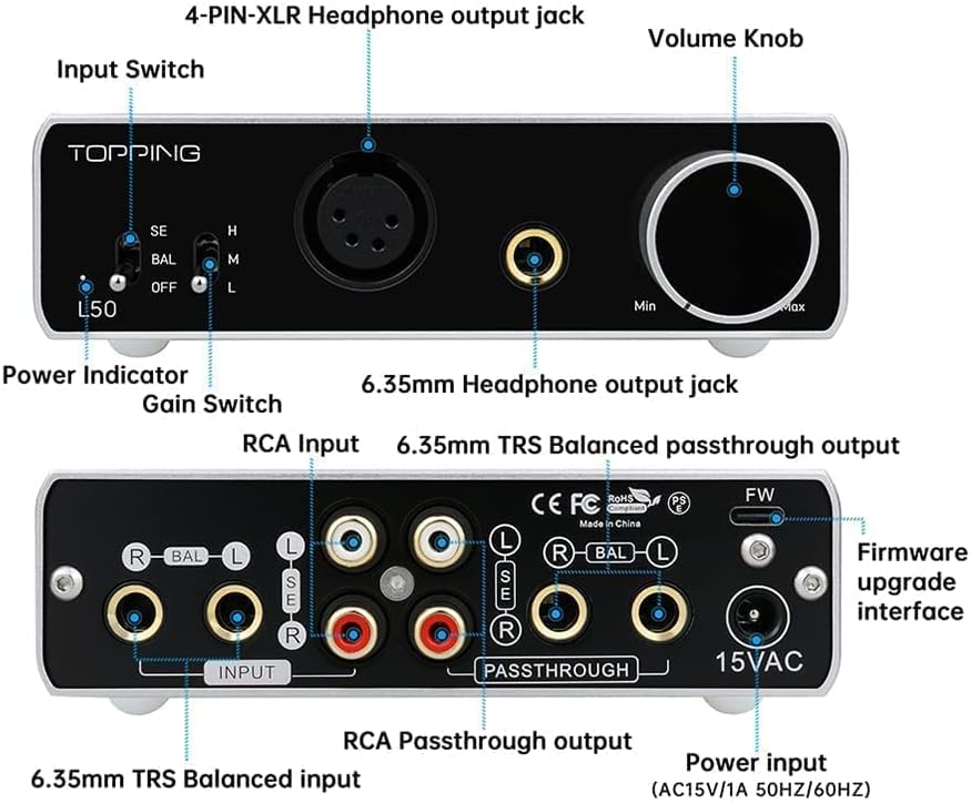 Topping L50 HiFi-Kopfhörerverstärker NFCA SE/BAL-Eingang Home Audio-Verstärker Mini-Verstärker Verst