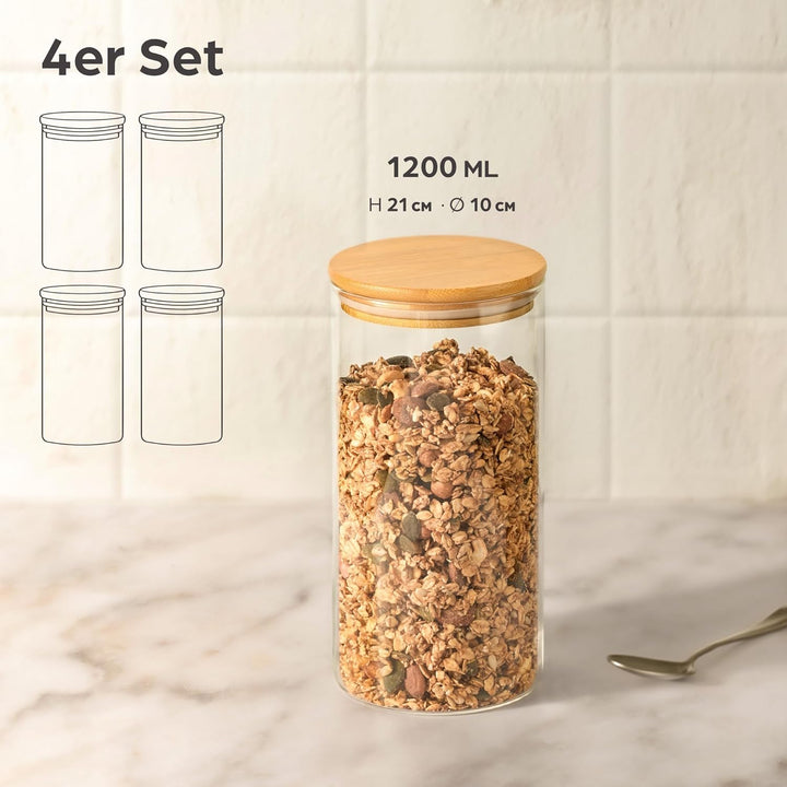 Praknu Vorratsgläser mit Deckel 4er Set - Luftdicht - 1,2 L - Spülmaschinenfest - 8