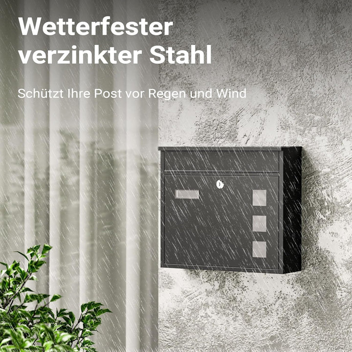 Wiltec Briefkasten V12 schwarz 360 x 115 x 315 mm, Wandbriefkasten mit Schloss, Sichtfenstern und Na