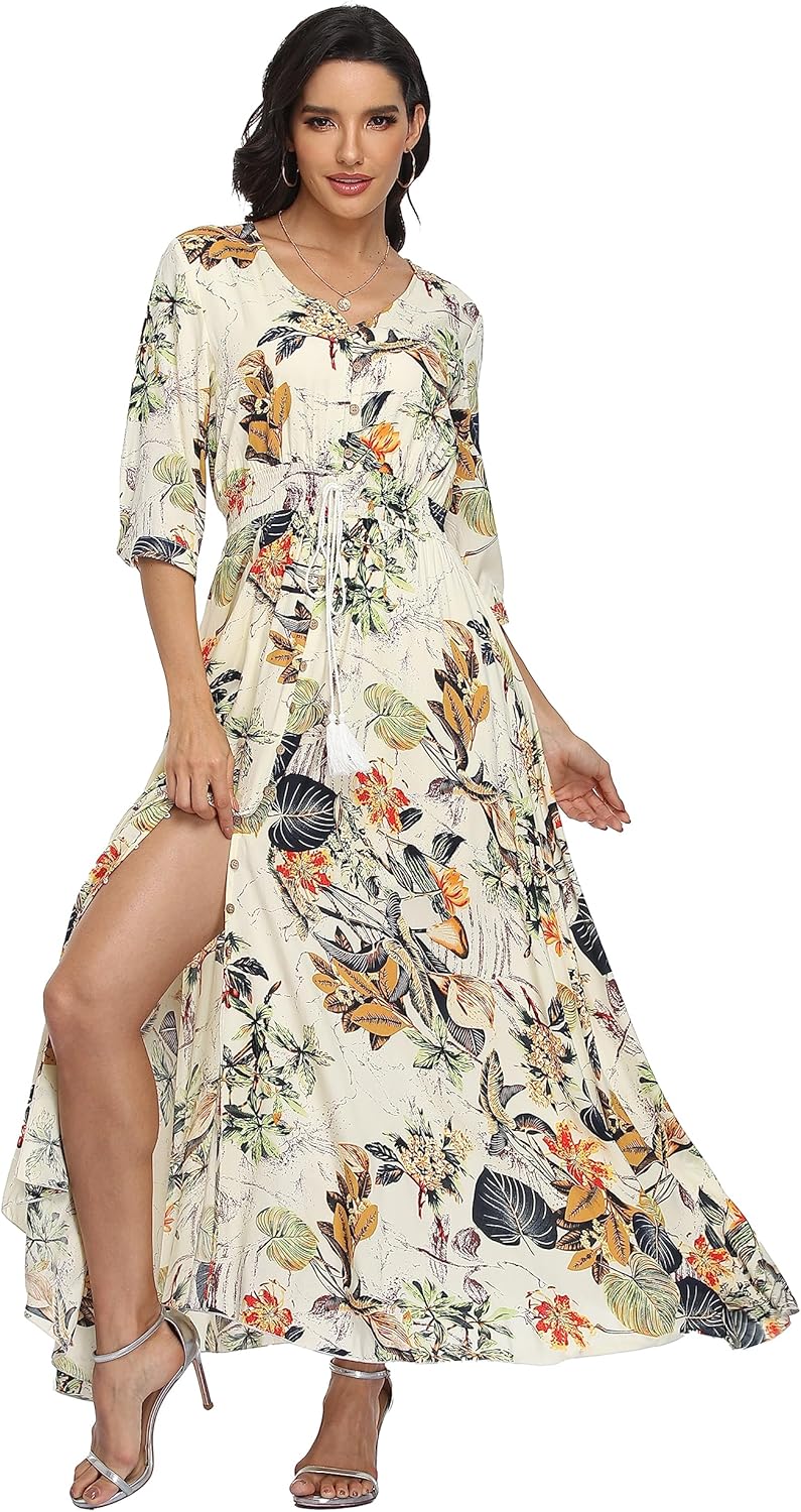 VOGMATE Damen Lange Split Knopf Up Sommer Maxikleid Floral Strandwear Holidy Kleid Hohe Taille mit k