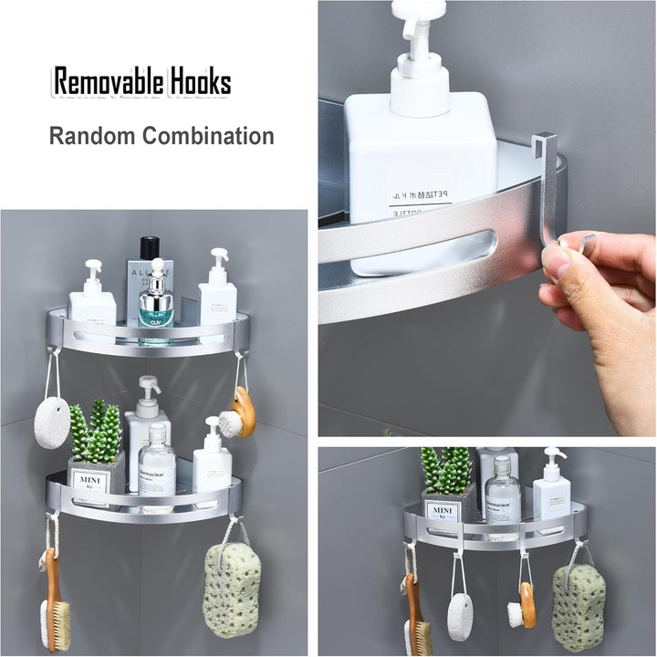 Duschregal Ecke, Duschablage Ohne Bohren Metall Eckregal Bad mit 4 Haken Badezimmer Regal für Shampo