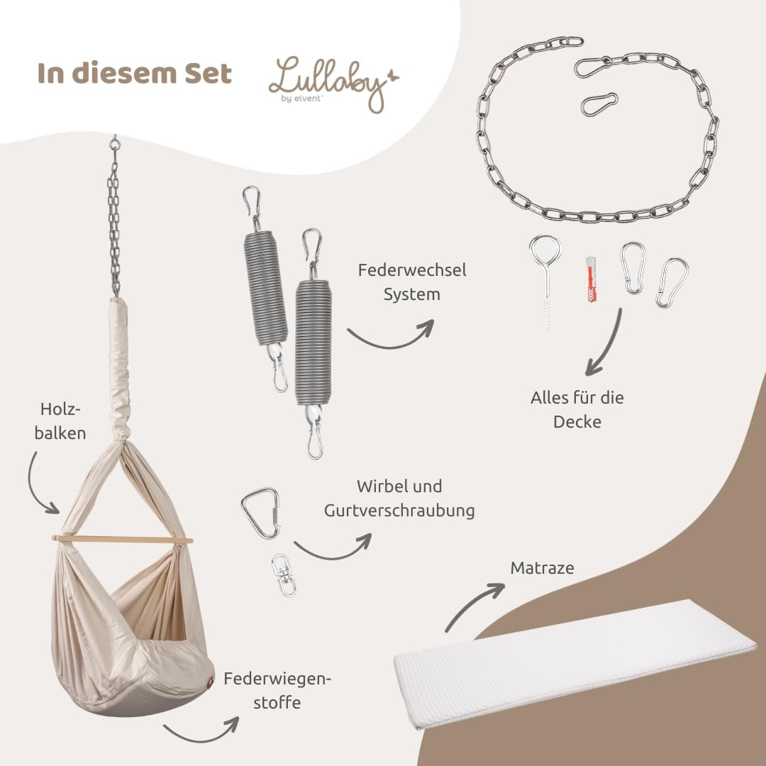 Lullaby Federwiege Set mit Matratze, 100% Baumwolle, Made in Germany (Baby Hängewiege mit Deckenbefe