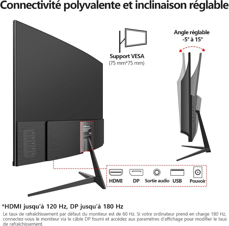 Gawfolk Écran PC 24 Pouces incurvé Gaming Moniteur 180hz, fhd 1080p 1ms sans Lunette, freesync, 100%